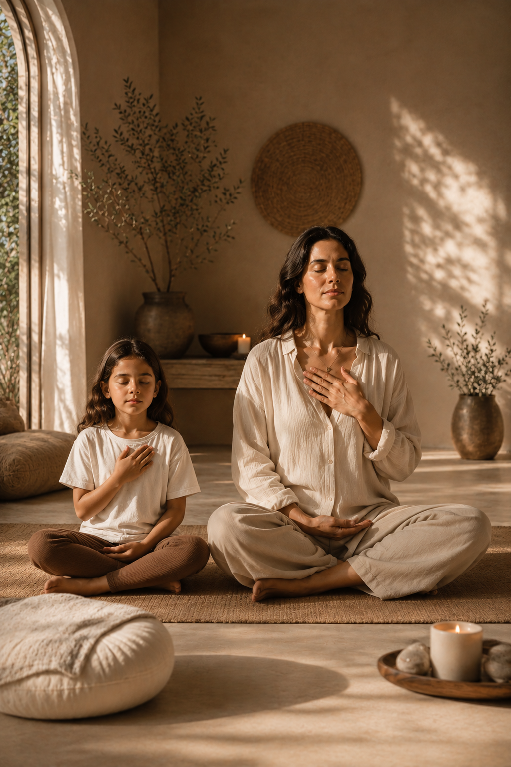 Mamma och barn sitter i meditation med handen på hjärtat