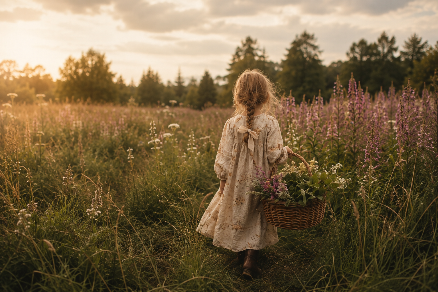 Flicka med korg full av vilda örter och blommor som går genom en blomsteräng i kvällsljus