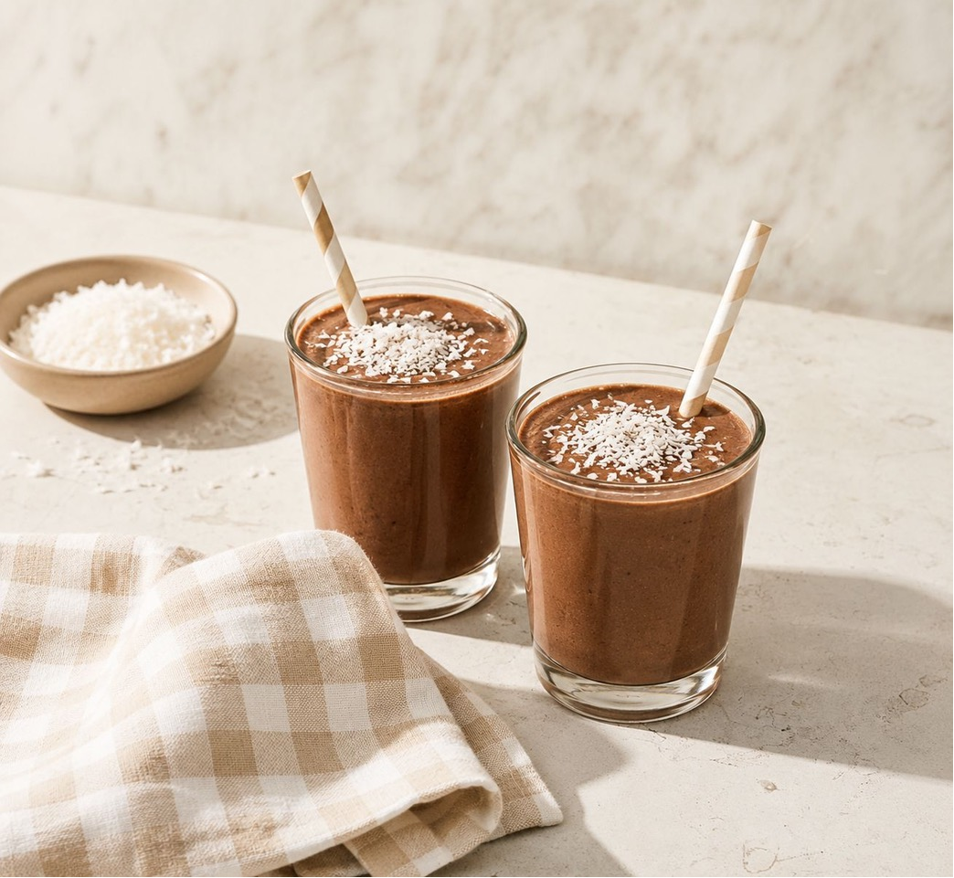 Två chokladsmoothies med kokos på ett ljust bord